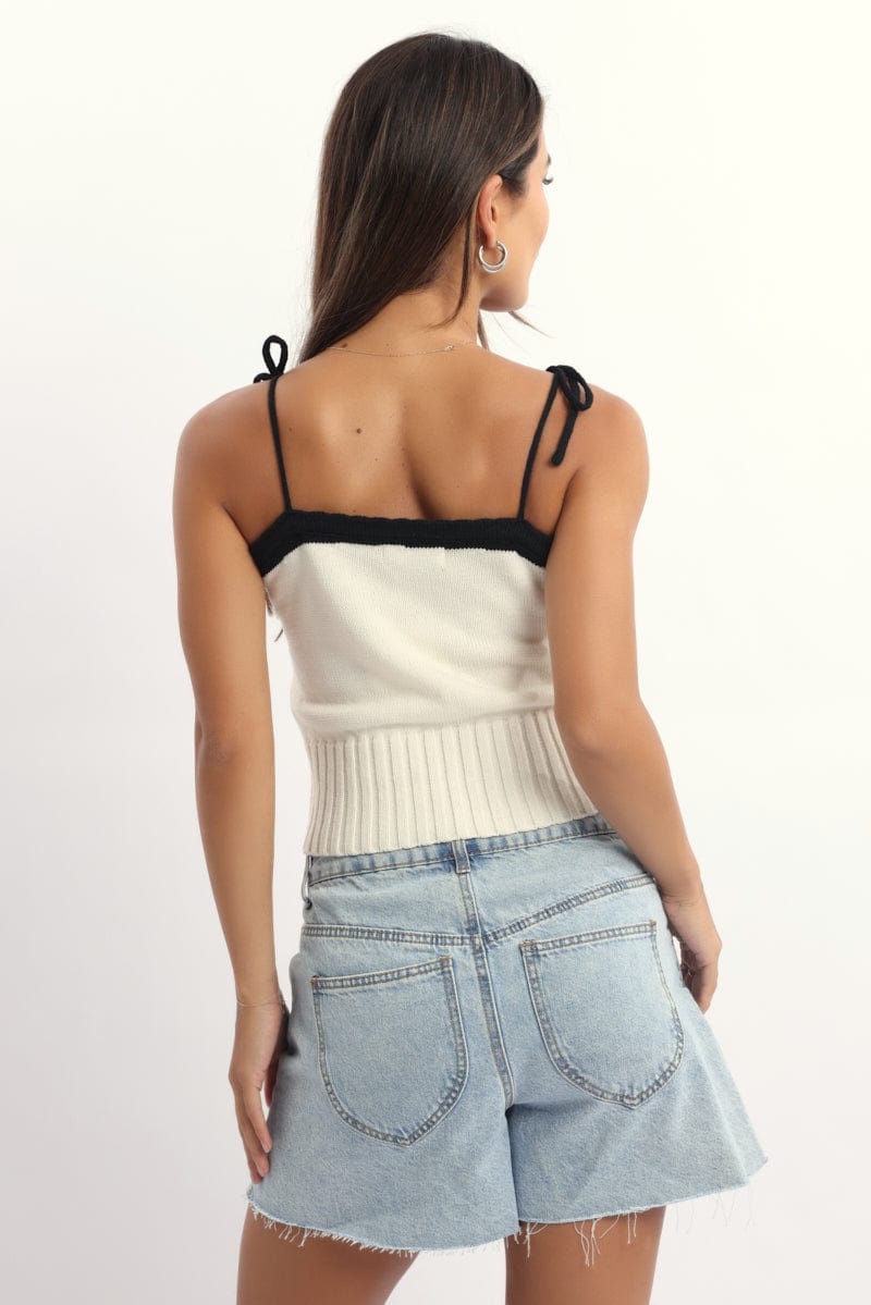 White Knit Top Sleeveless Contrast Ribbon