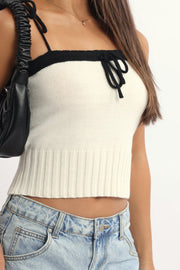 White Knit Top Sleeveless Contrast Ribbon