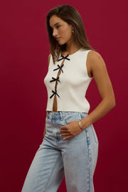 White Knit Top Sleeveless Front Ribbon