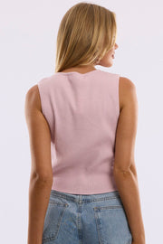 Pink Knit Top Sleeveless Front Ribbon