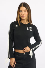 Black Crop Knit Top Long Sleeve Varsity Contrast Trim