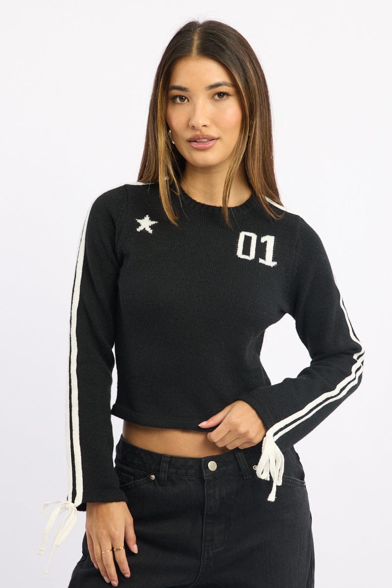 Black Crop Knit Top Long Sleeve Varsity Contrast Trim