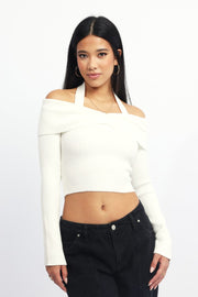 White Knit Top Long Sleeve Off Shoulder Halter