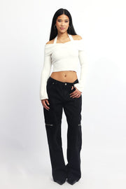 White Knit Top Long Sleeve Off Shoulder Halter