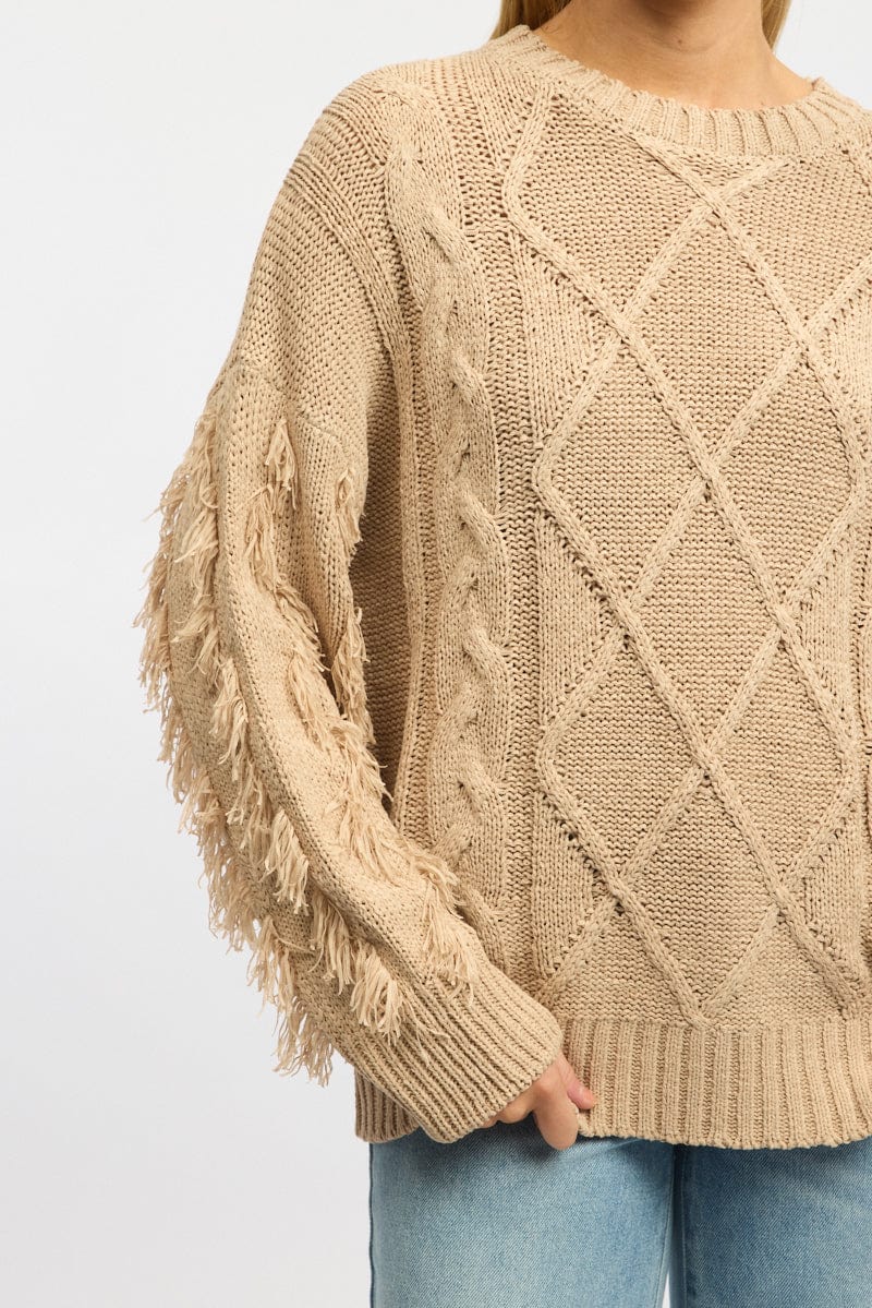 Beige Cable Knit Jumper High Neck