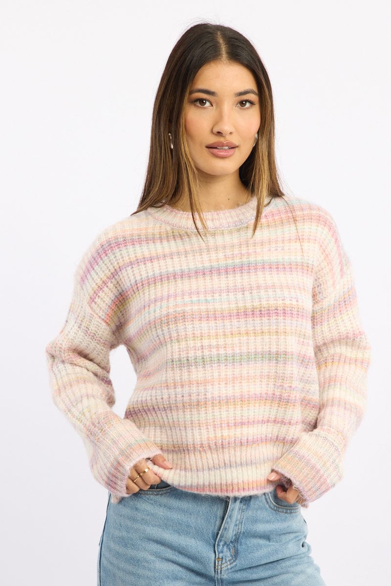 Pink Stripe Knit Jumper Long Sleeve Multi Stripe