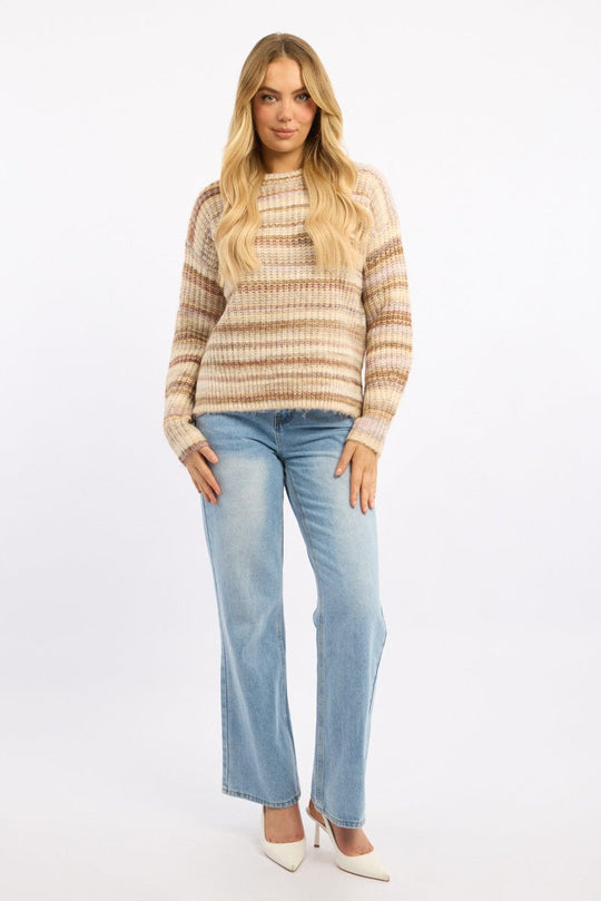 Beige Stripe Knit Jumper Long Sleeve Multi Stripe