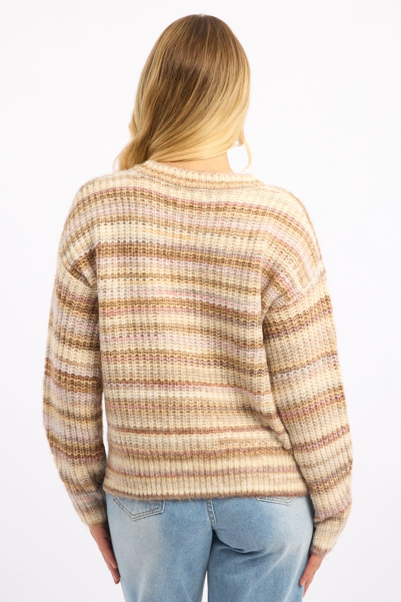 Beige Stripe Knit Jumper Long Sleeve Multi Stripe