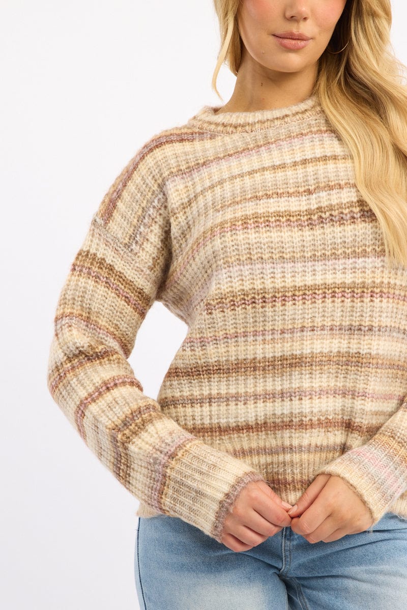 Beige Stripe Knit Jumper Long Sleeve Multi Stripe
