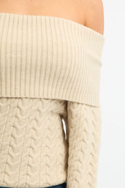 Beige Bardot Knit Top Long Sleeve Cable