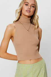Beige Knit Top Sleeveless Turtleneck