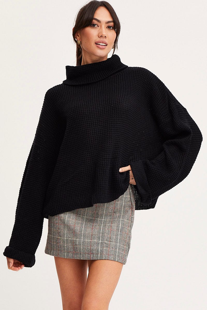 Black Knit Top Long Sleeve Oversized Turtleneck