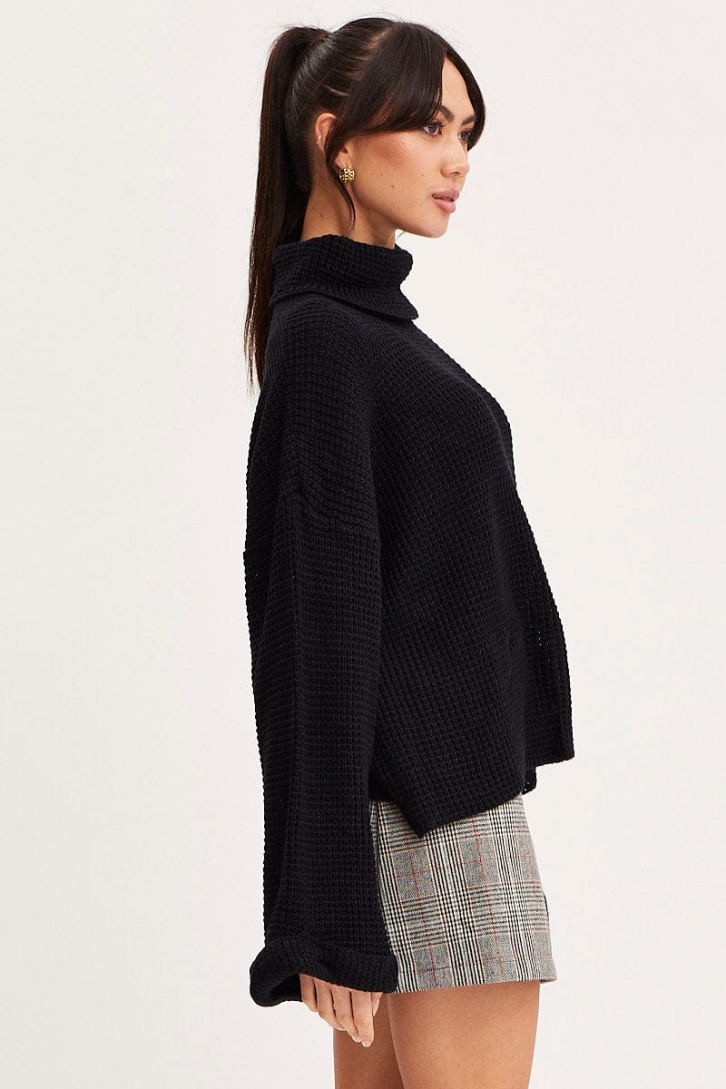 Black Knit Top Long Sleeve Oversized Turtleneck