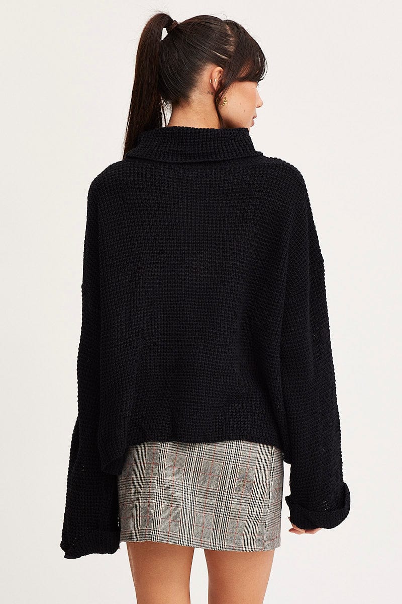 Black Knit Top Long Sleeve Oversized Turtleneck