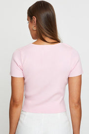 Pink Knit Top Short Sleeve Cut Out