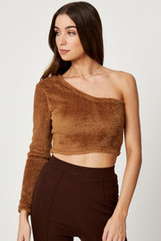 Brown One Shoulder Fluffy Knit Top