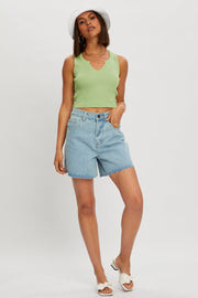 Green Notched Neck Knit Top