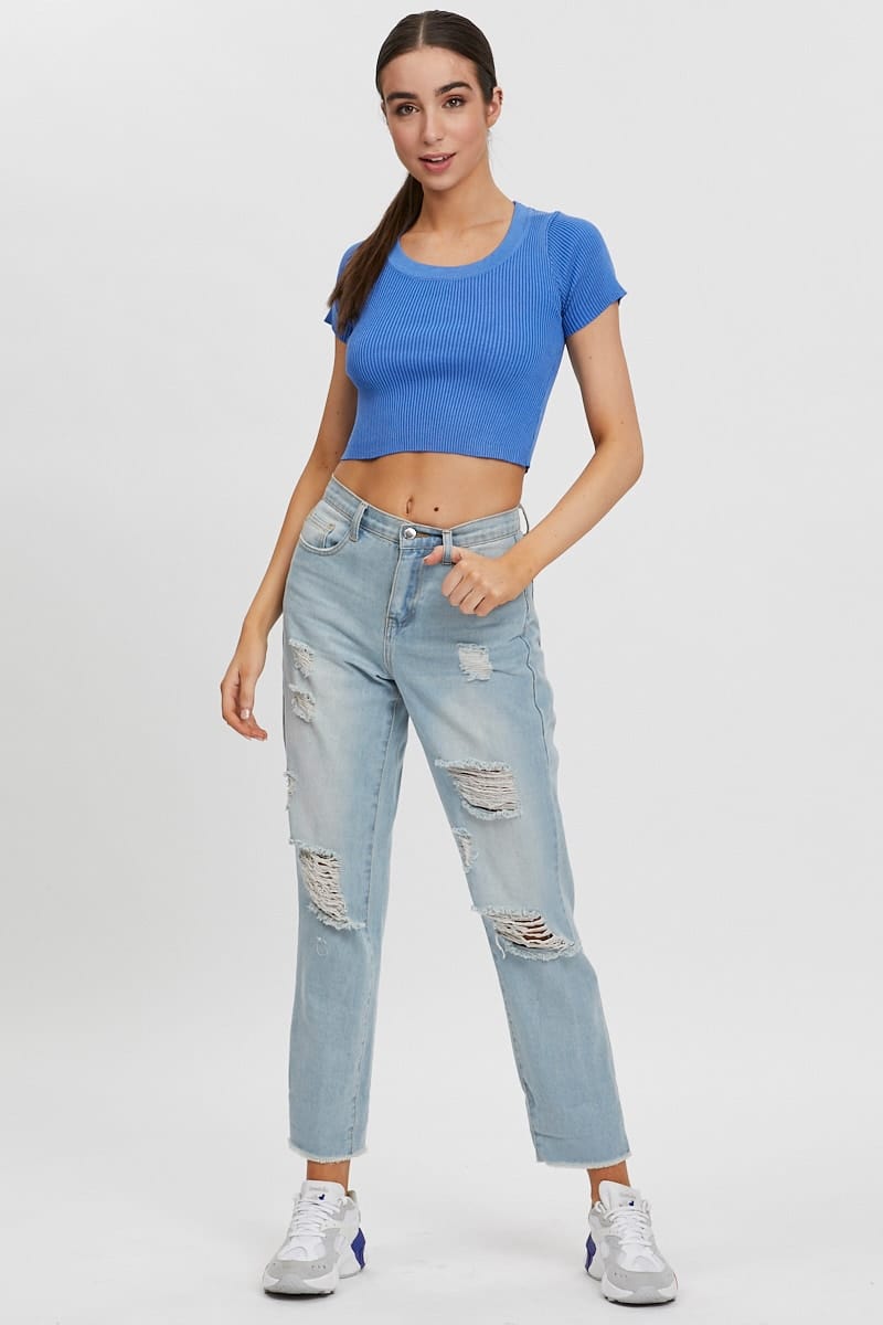 Blue Short Sleeve Knit Top